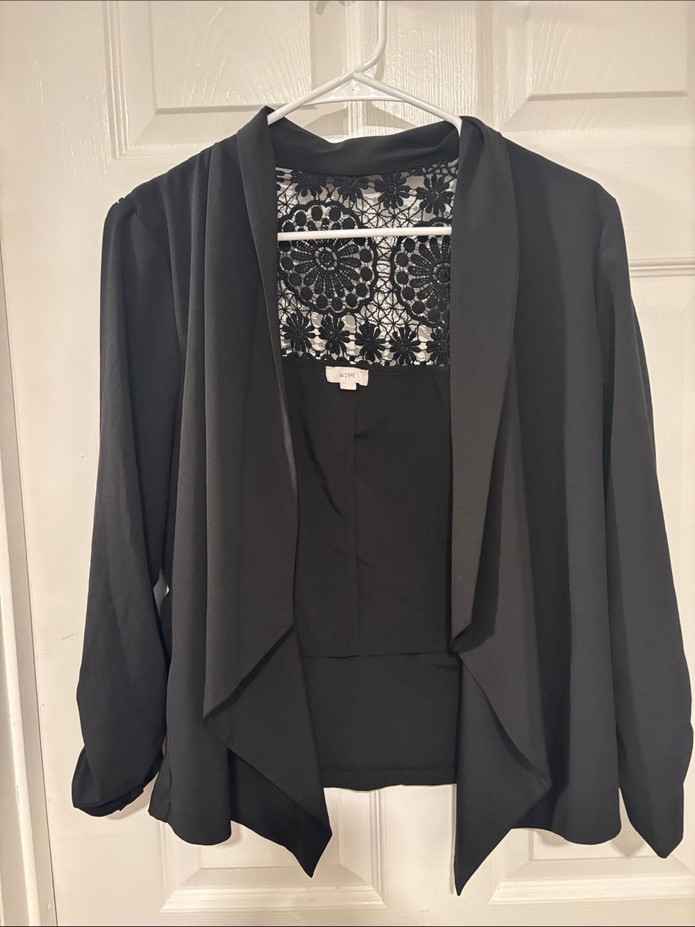 mine Black Lace-Back Draped Open Front Jacket